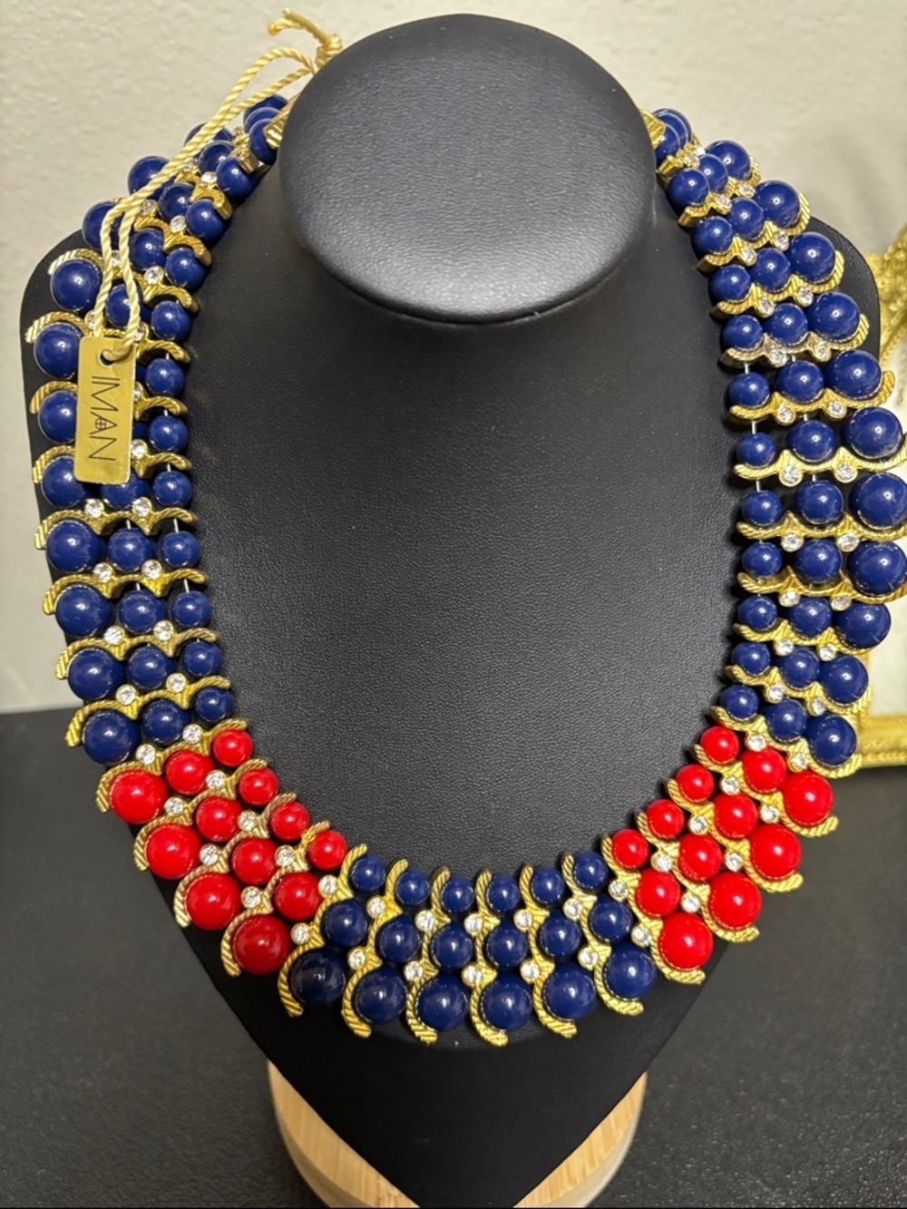IMAN Designer Gold Tone Crystal Red Blue Bead Patriotic Bold Necklace NWT